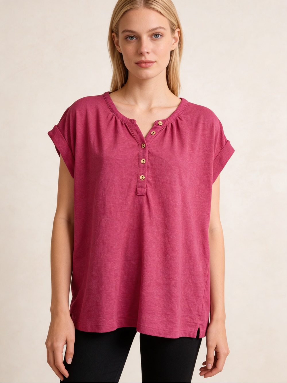 LOFT Pink Henley Tee Small Roll Sleeve Casual Soft Knit Top